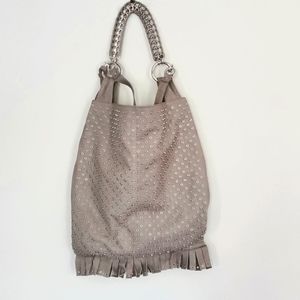 Via Repubblica Rivet Studded Large Crossbody Fringe Hobo Bag Tan
